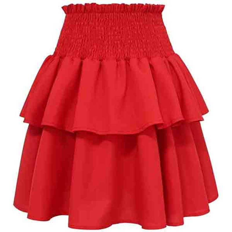 Women's High Waist Layered Ruffle Hem Flared Mini Skirt Solid Smocked A Line Flowy Beach Short Skirt