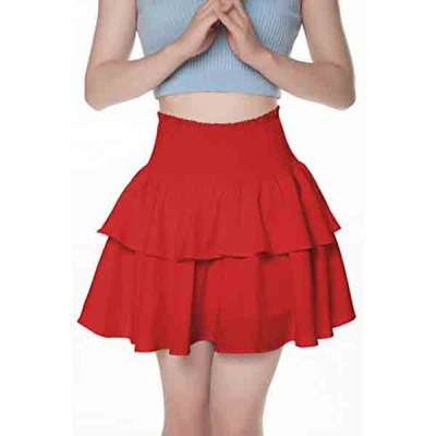 Women's High Waist Layered Ruffle Hem Flared Mini Skirt Solid Smocked A Line Flowy Beach Short Skirt