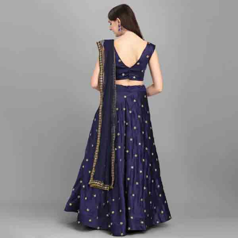 Navy Blue Embroidered Semi-Stitched Lehenga Choli Set With Dupatta