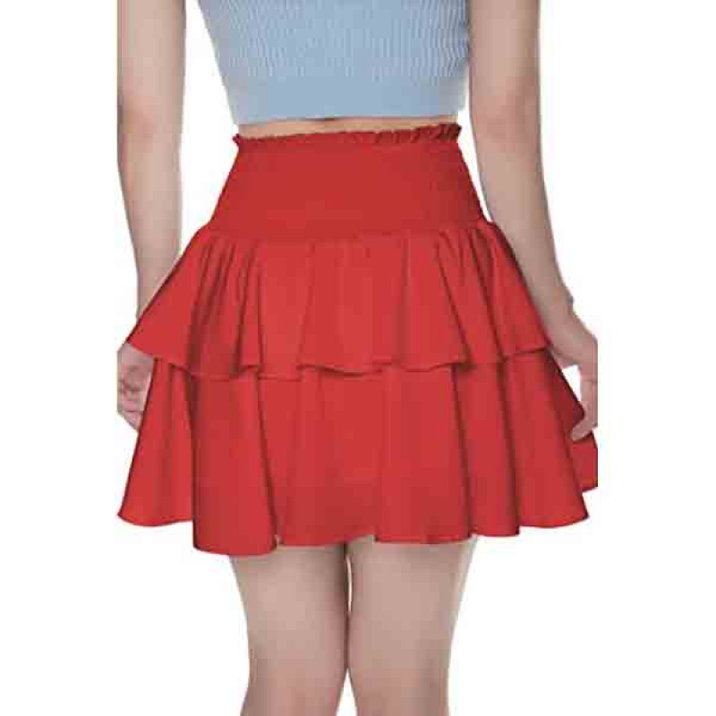 Women's High Waist Layered Ruffle Hem Flared Mini Skirt Solid Smocked A Line Flowy Beach Short Skirt