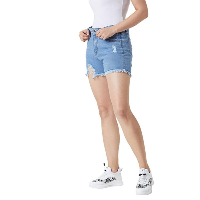 Women's Blue Relaxed Fit Distressed Mid Rise Ripped Fringed Shorts